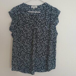 CHAUS NEW YORK WOMEN'S TOP BLUE FLORAL FLUTTER CAP SLEEVE PLEAT FRONT SIZE LARGE